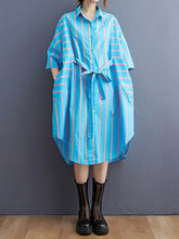 Women Color Matching Striped Loose Casual Shirt Dress